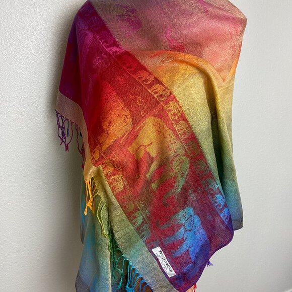 NWOT Pashmina Scarf Wrap Rainbow. Elephants. - Picture 2 of 7